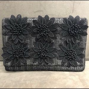 Sondra Roberts Black Woven Raffia Fold-over Clutch with Flowers-Boutique-NWT